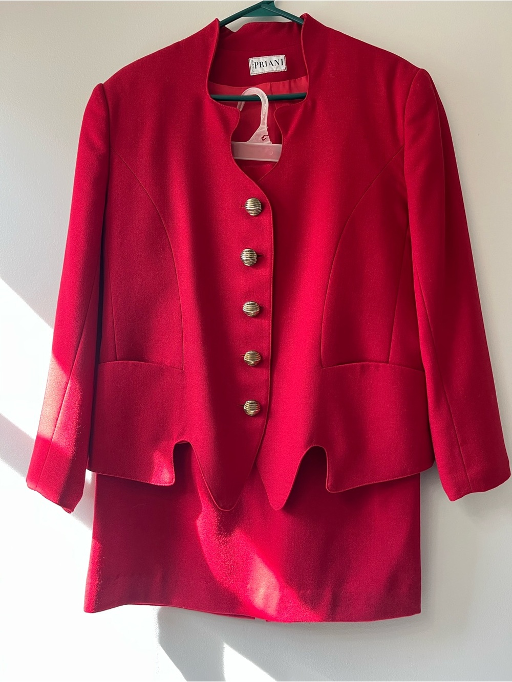 Vintage 80s Marcella Priani Red Wool Skirt Suit Set - Scallop Hem Power Suit